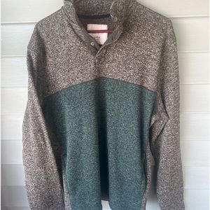 Large long sleep Sonoma sweater with partial zip down. Green and brown
